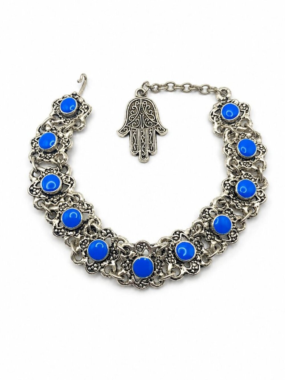 Vintage Silver Tone Blue Cabochon Hamsa Bracelet Adjustable 7-8.5”